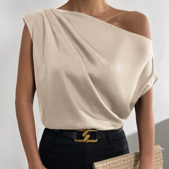 . Tops - Khaki Boho Womens Asymmetrical Neck Ruched Shoulder Blouse